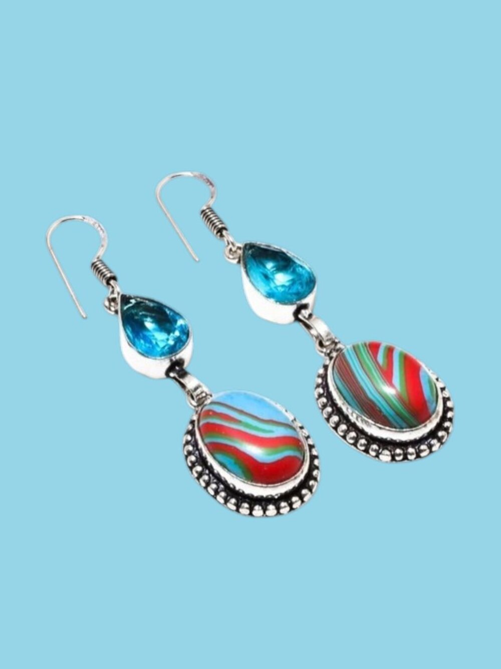 Rainbow Calsilica, Blue Topaz Gemstone Handmade Gift Jewelry Earring 2.27"